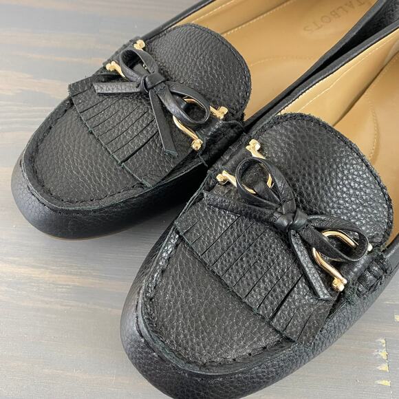Talbots Penny Loafers Women 8M Black Pebble Leather Bow‎ Buckle Old Money Preppy - Picture 3 of 9